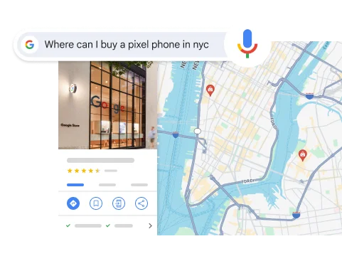 A voice search for 'Where can I buy a Pixel phone in NYC' shows a result of a Google shop in NYC.