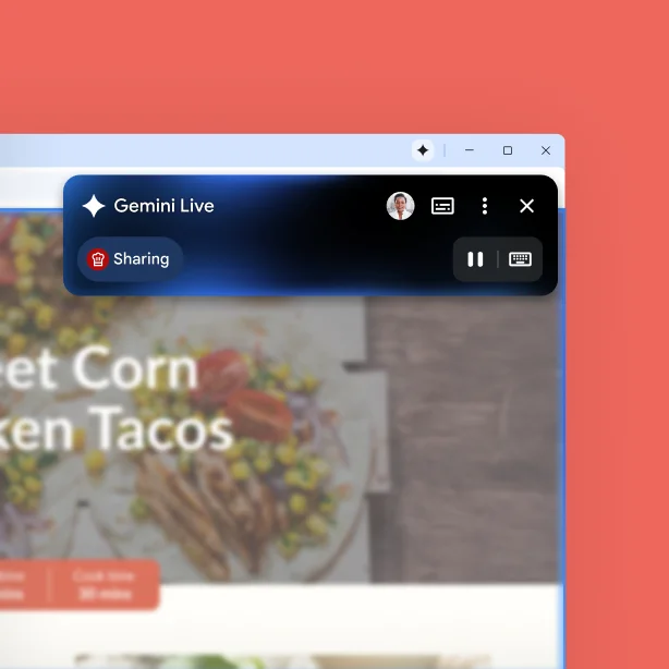 A box titled 'Gemini Live' is over the corner of a webpage. A pause button shows Gemini in Chrome listening to someone talk.